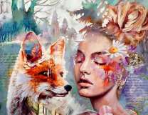 Лиса, девушка и ромашки