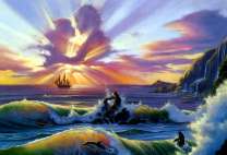 Дельфины в волнах и корабль у скал