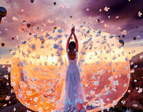 Девушка в цветах на фоне горящего неба