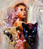 Девушка, пантера и львица