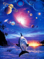 Дельфин в море под сказочным небом