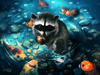 Енот в озере среди рыбок