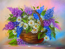 Плетёная корзинка с гиацинтами и ромашками