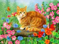 Деревенский кот в весенних цветочках