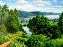 Красочный вид с горы на большое озеро