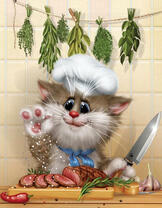 Котенок готовит мясо со специями