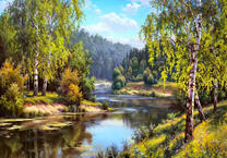 Тихая извилистая река в летнем лесу