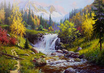 Небольшой водопад в летнем лесу под горой