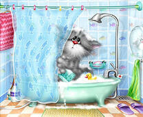 Серый котенок в ванной с пеной