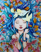 Девушка с цветами и птичками в волосах