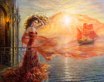 Женщина в красном платье над морем и корабль