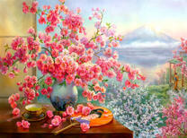 Цветущая сакура в вазе на фоне горы Фуджи