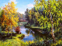 Стая гусей на реке в осеннем лесу