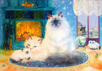 Милая семья кошечек у теплого камина