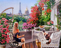 Девушка и кошки на цветущем балконе в Париже