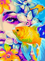 Девушка, цветы и золотые рыбки