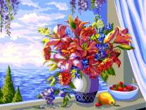 Букет лилий на фоне моря