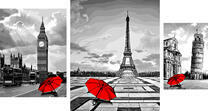 Красный зонт возле достопримечательностей Лондона, Парижа и Рима