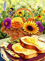 Цветы,птичка и бутерброд с медом