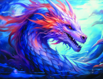 Яркий разноцветный дракон на лазурном фоне