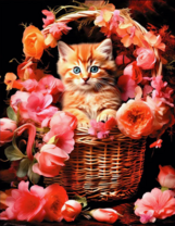 Рыжий котенок в корзине с цветами