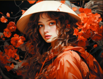 Рыжая девушка в оранжевом плаще 