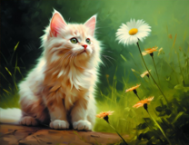 Рыжий пушистый котенок  и ромашка