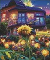 Алмазная вышивка «Сказочный домик и поле подсолнухов»