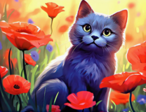 Серый котик и маки