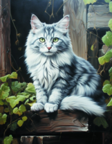 Серый пушистый котик на заборе