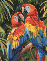 Два ярких ара в зелени листвы