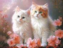 Два пушистых котенка и нежные цветы