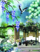 Сад с беседкой, цветами и птицей