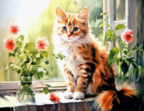 Полосатый котенок на подоконнике и вазы с цветами
