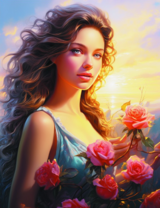 Девушка с букетом роз на фоне заката