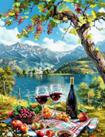 Алмазная вышивка &laquo;Винный натюрморт с бокалами, бутылкой вина, фруктами и ягодами&raquo;