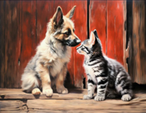 Знакомство котенка и щенка