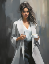 Брюнетка в сером плаще с чашкой кофе в руках