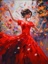 Девушка в пышном алом платье и яркие цветы