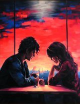 Влюблённая пара в кафе на закате солнца