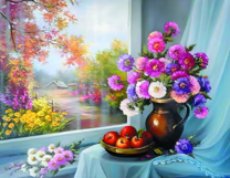 Натюрморт с цветами и яблоками на подоконнике