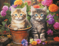 Серый и рыжий котята в цветах