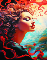 Девушка с длинными волосами и красными лентами на фоне пейзажа