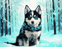 Щенок хаски в шарфе на снегу