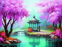 Беседка на озере с цветущей сакурой