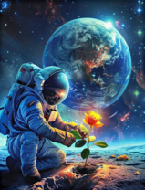 Космонавт и прекрасная роза на луне