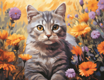 Полосатый котик сидит в цветах