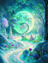 Фантастическая сцена с луной, цветами и замком