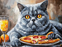Алмазная вышивка «Пухлый серый кот и пицца»