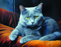 Серый котик отдыхает на диване